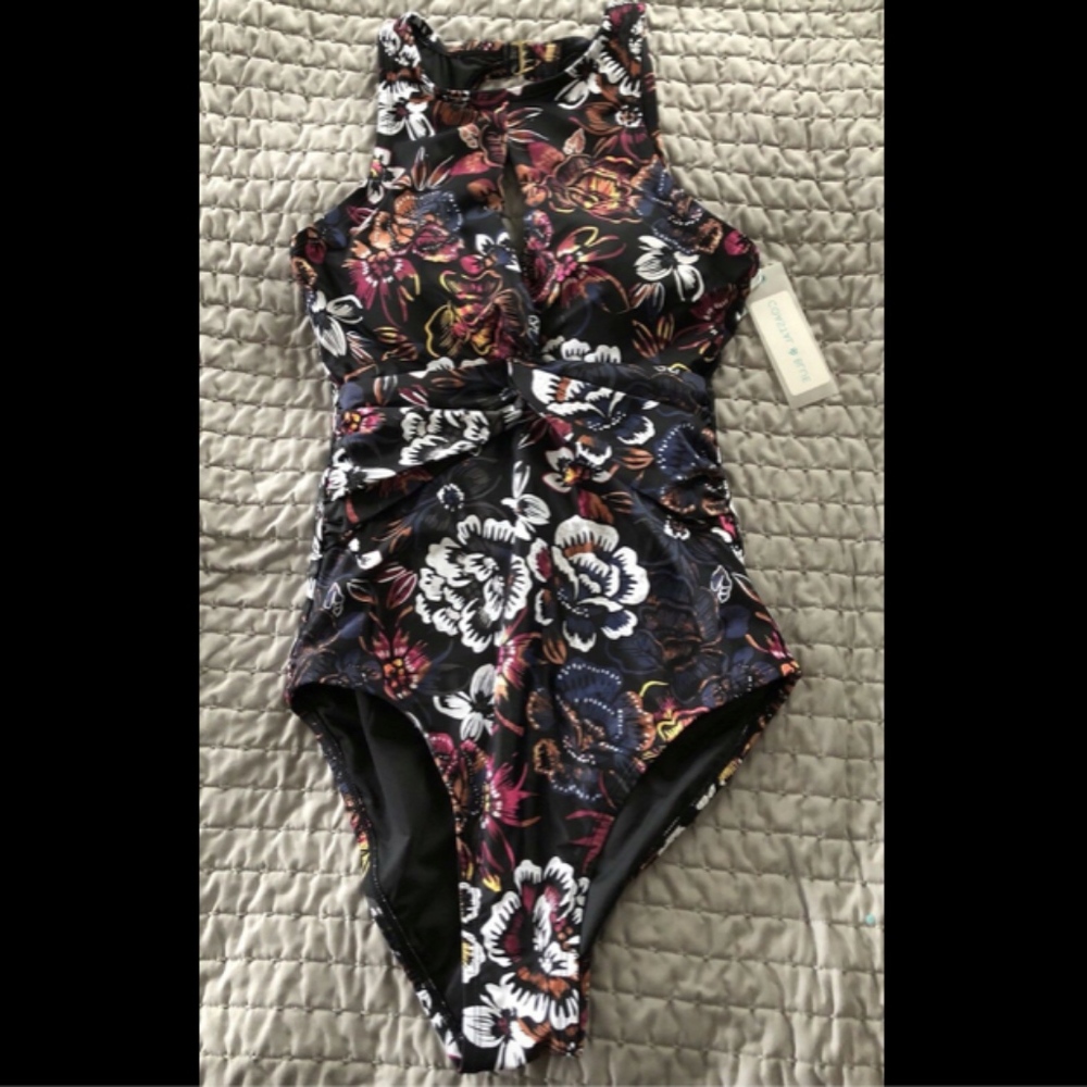 NWT Coastal Blue High Heck Floral Swimsuit M